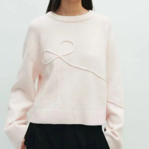 H&M Appliquéd Sweater Light Dusty Pink Bow 2XS Long Sleeve Knit Divided NWT - Picture 1 of 6